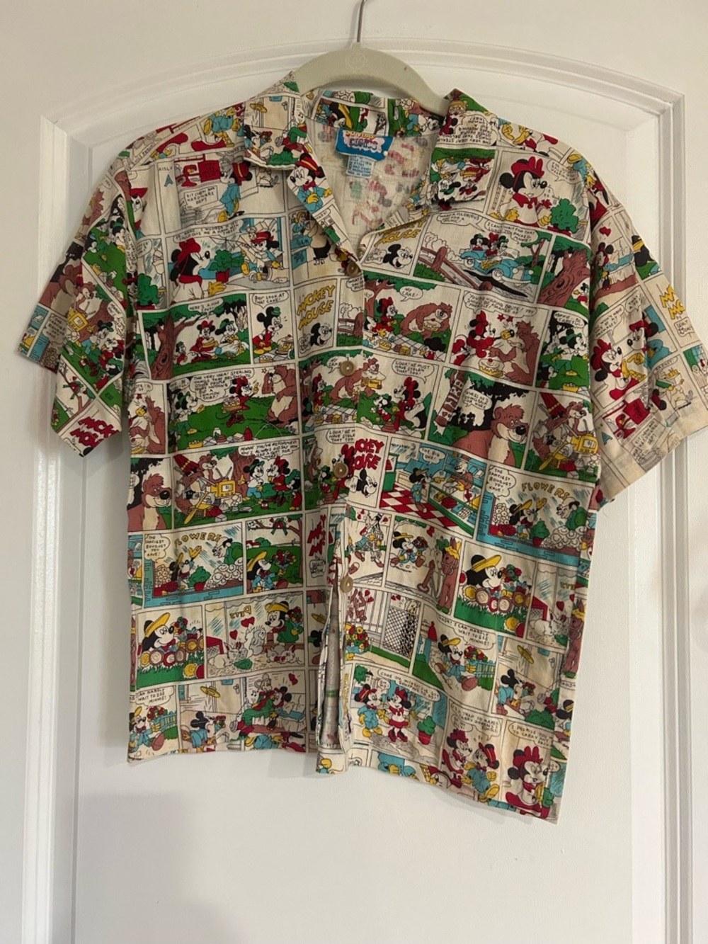 Rare 1980’s Disney Comic-Strip Camp Shirt - Cream with Red, Green, Blue Accents